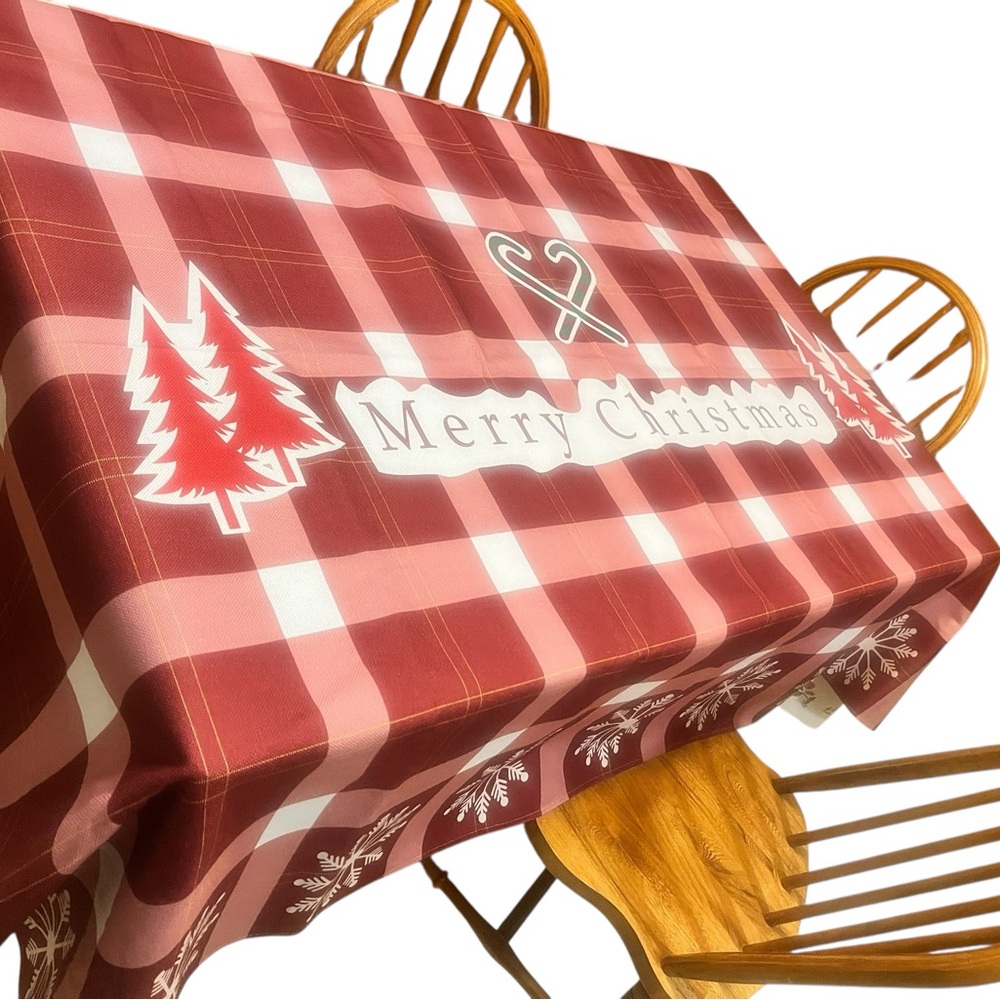 Christmas Tablecloth Red & White Plaid w/ Snowflakes, Trees... 70x54